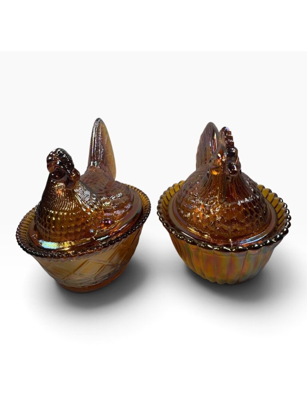 Rosso Westmoreland Carnival Glass Amber Hen and Rooster Nest Set USA New